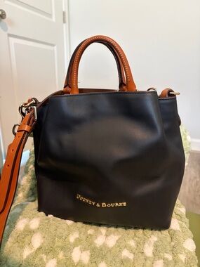 Dooney & Bourke Black Leather Shoulder Tote with Tan Trim